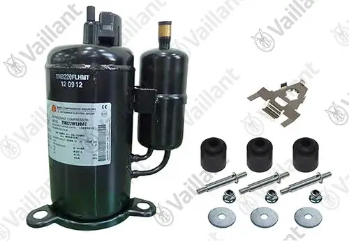 Vaillant Kompressor in Schwarz mit mehreren Zubehörteilen wie Schrauben, Dichtungen und einer Montageschablone, dargestellt auf neutralem Hintergrund.